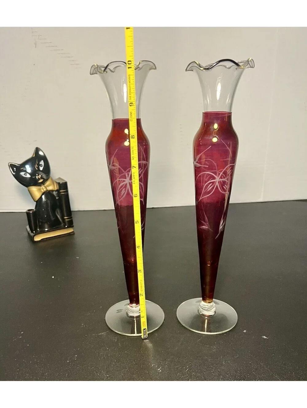 Czech Vintage 1950s 2 Bud Vases Cut To Clear Cranberry Flashed Etched Glass, 10”